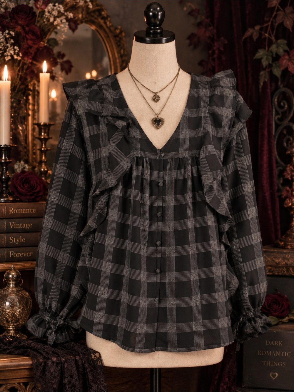 LOFT Black and Gray Plaid Ruffled V-Neck Button Blouse